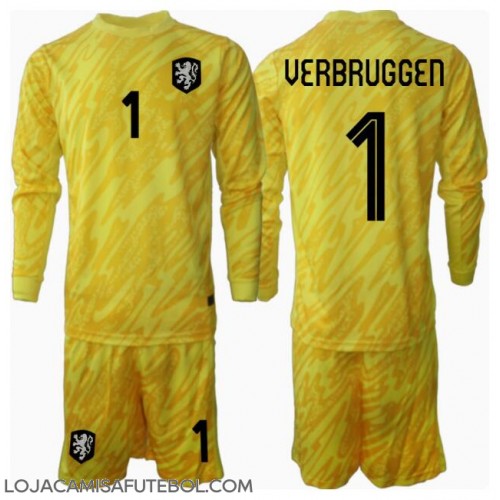 Camisa de Futebol Holanda Bart Verbruggen #1 Goleiro Equipamento Secundário Infantil Europeu 2024 Manga Comprida (+ Calças curtas)